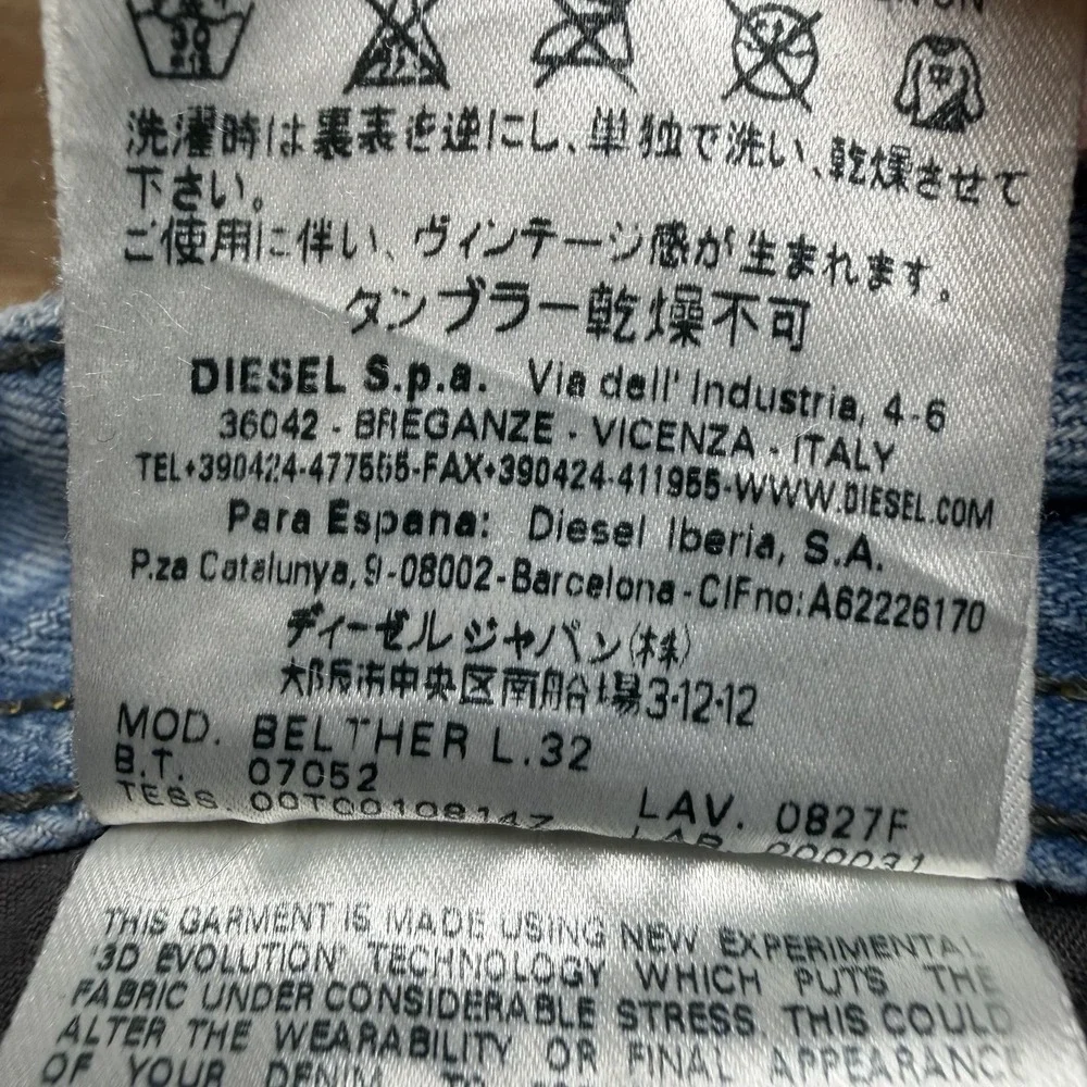 Diesel Belther Jeans Men 32x32 Blue Slim Tapered Light Wash Distress Fade 0827F